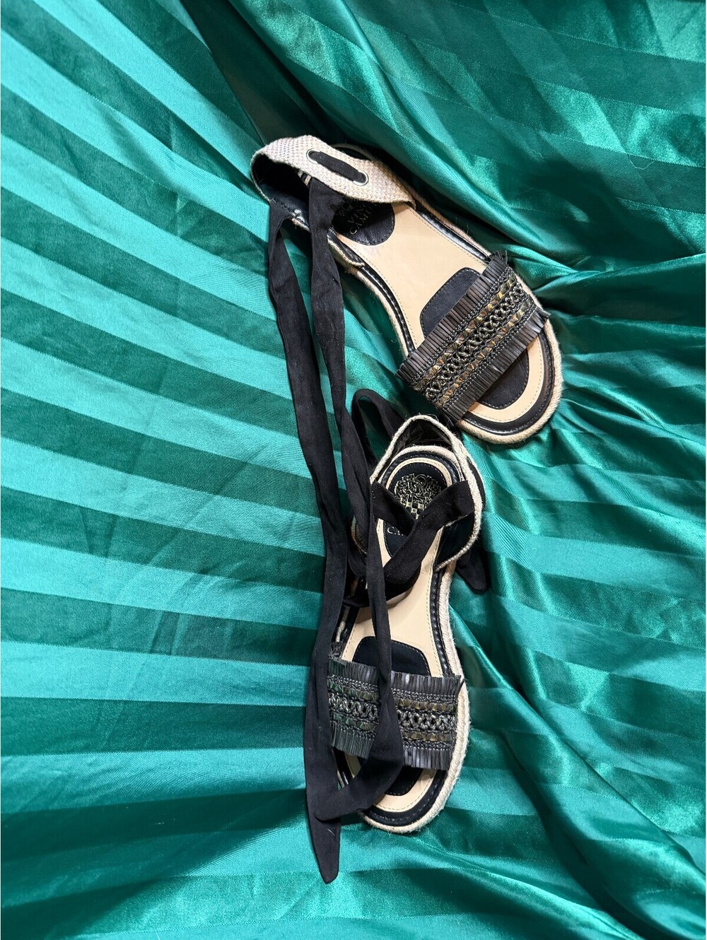 Vince Camuto Black Beaded Espadrille Ankle Tie Flat Sandals Womens
